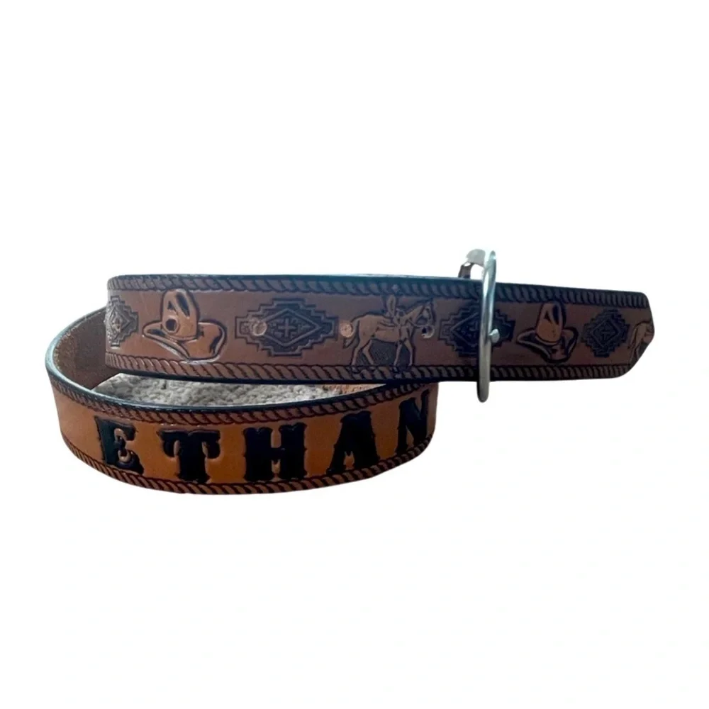 LONGHORN Leather & Buckle Ethan Tooled Belt Brown w/Silver Buckle Youth Size 28.